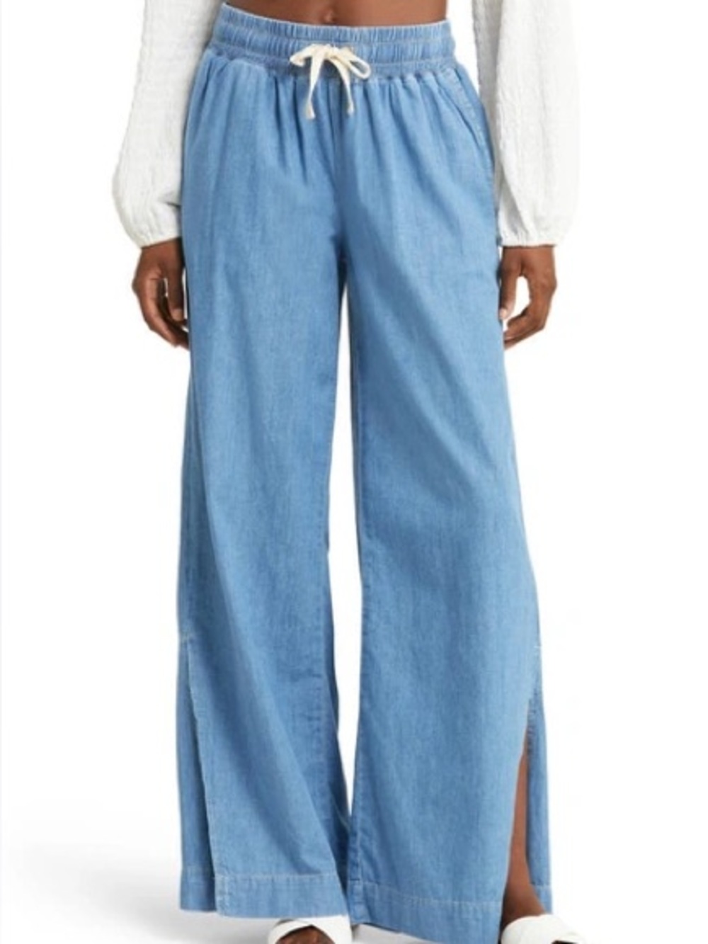Frame Cotton Linen Blue Wide Leg Drawstring Lounge Pants in Encore XS